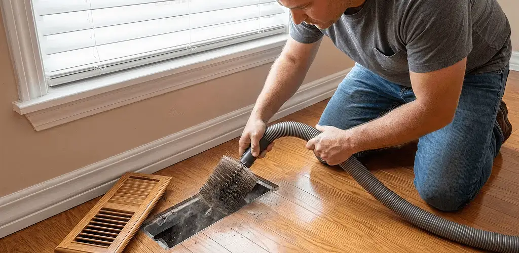 Air duct cleaning technician vacuuming a floor vent and duct opening in New Haven, CT