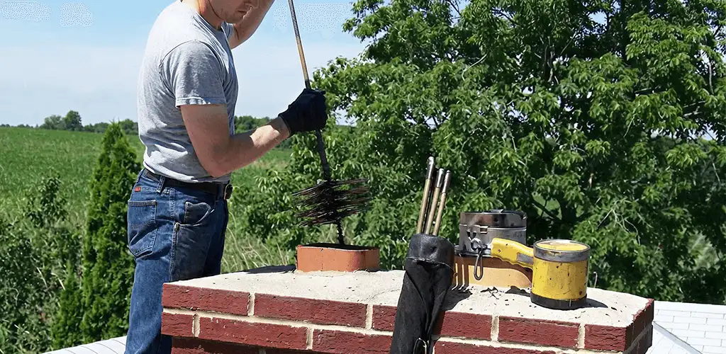 Chimney cleaning technician working on a rooftop chimney with professional tools in New Haven, CT