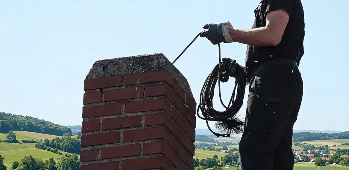 Chimney sweep inspecting and cleaning a rooftop chimney in New Haven, CT