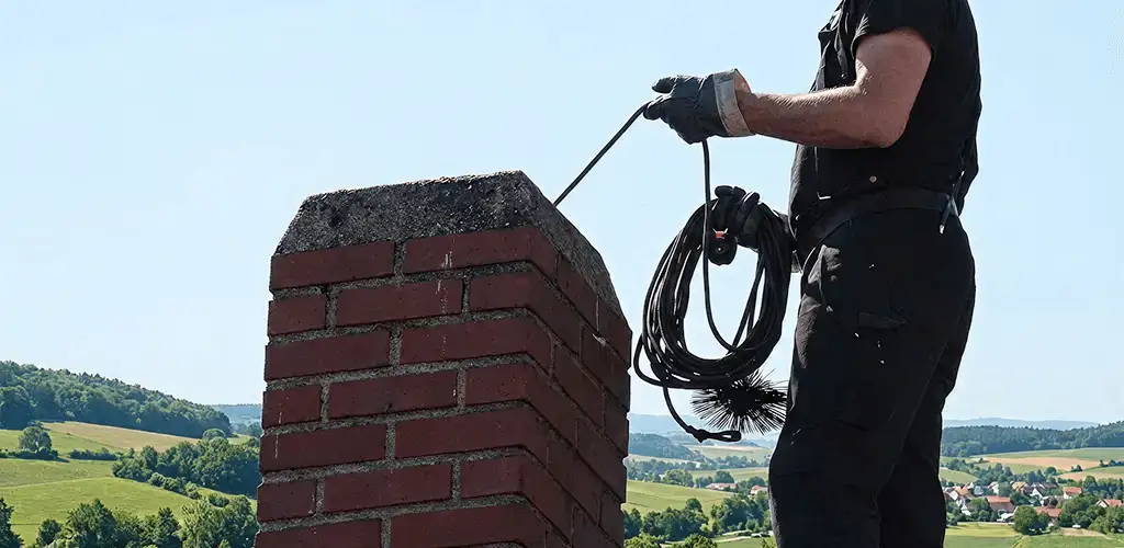 Chimney sweep inspecting and cleaning a rooftop chimney in New Haven, CT