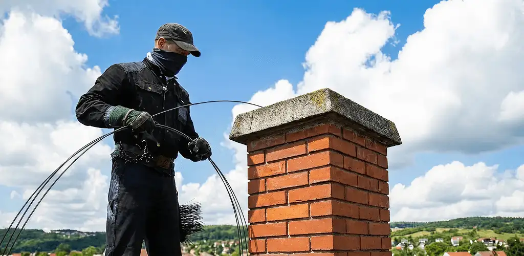 Chimney sweep cleaning a brick chimney with professional tools in New Haven, CT