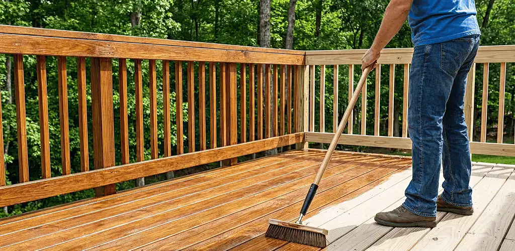 Deck staining and sealing application on a wood deck in New Haven, CT
