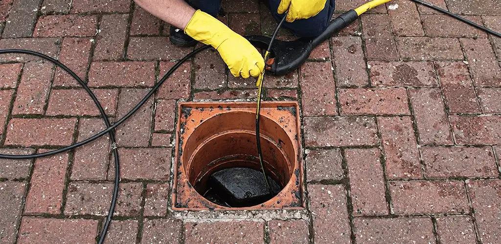 Drain cleaning technician using a drain snake to clear a clogged drain in New Haven, CT