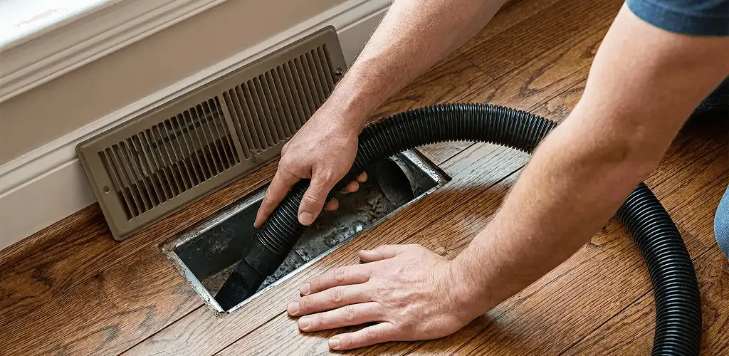 Air duct cleaning technician vacuuming a floor register and duct opening in New Haven, CT