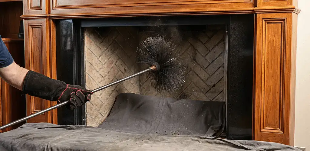 Chimney cleaning service brushing soot from a fireplace and flue in New Haven, CT