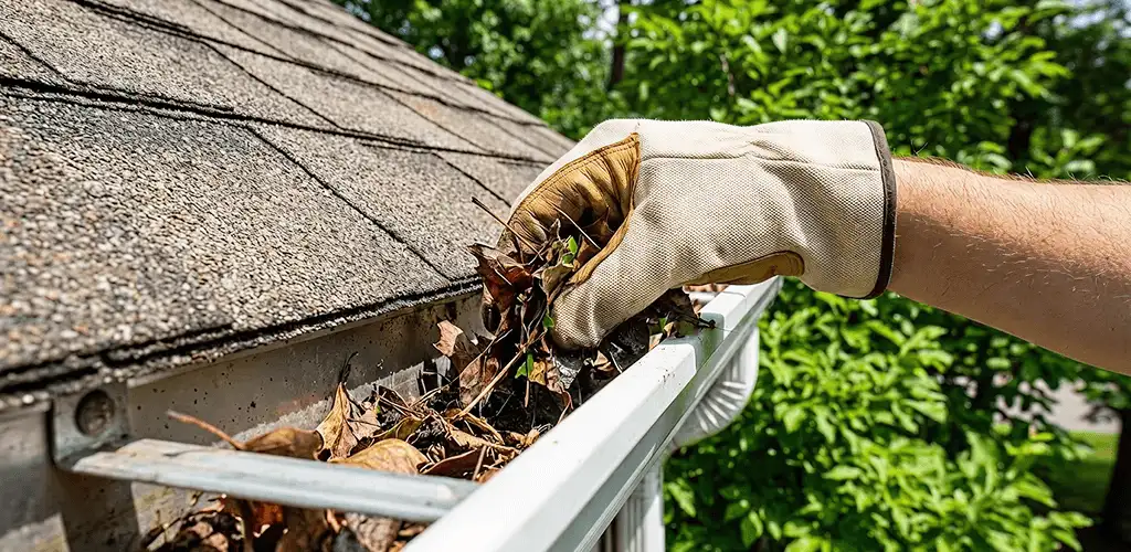 Gutter cleaning removing leaves and debris from roof gutters in New Haven, CT