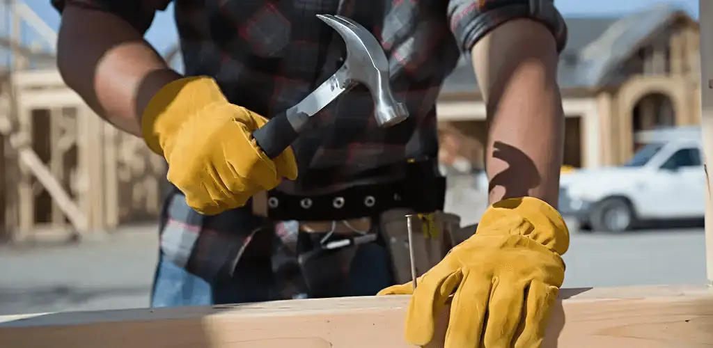 Handyman fixing wood trim with a hammer for home repairs in New Haven, CT