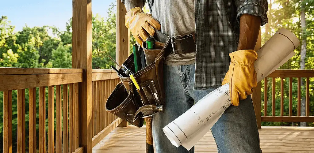 Professional handyman with tool belt ready for home repairs in New Haven, CT