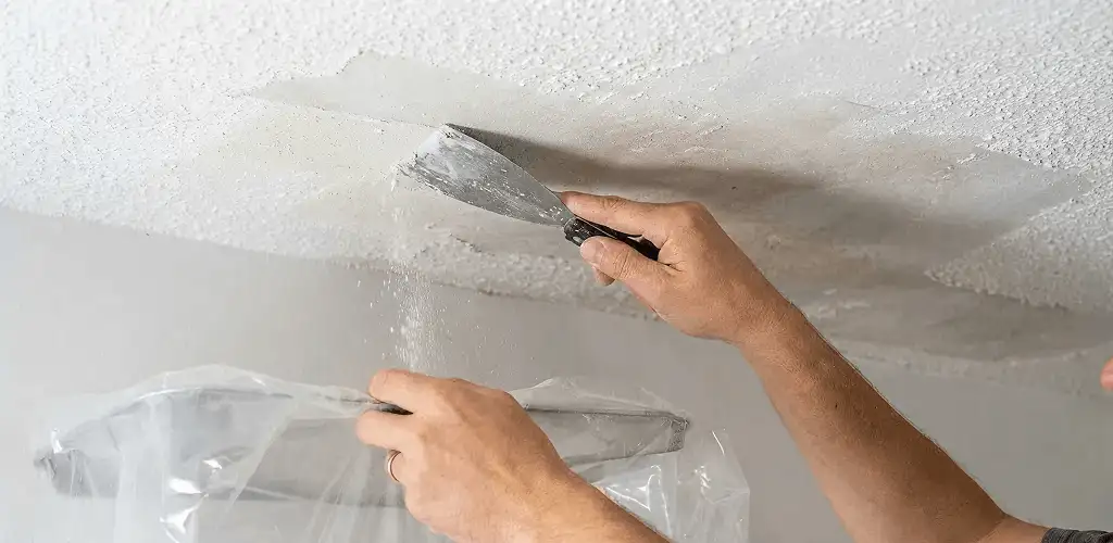 Popcorn ceiling removal technician scraping texture from a ceiling in New Haven, CT