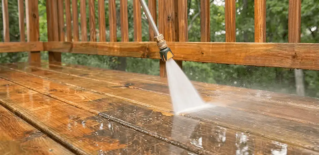 Pressure washing a wood deck to remove dirt and buildup in New Haven, CT