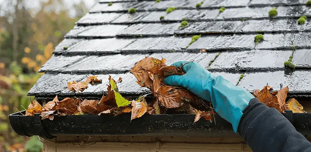 Gutter cleaning technician clearing wet leaves from roof gutters in New Haven, CT