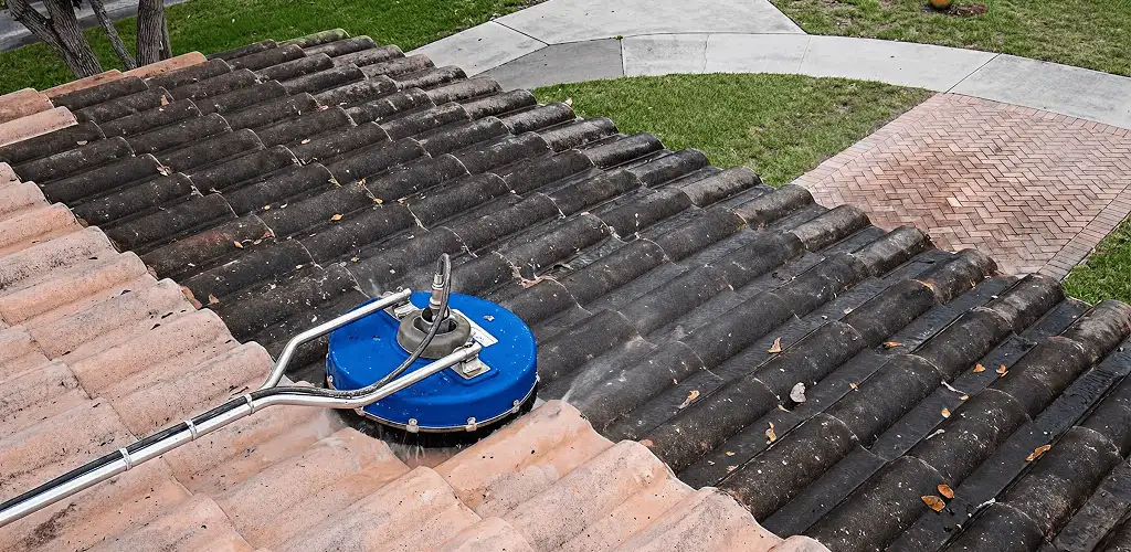 Roof pressure cleaning removing debris and buildup from roof tiles in New Haven, CT