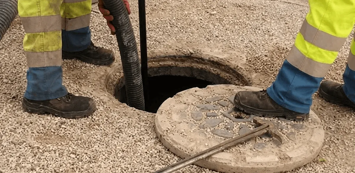 Drain cleaning crew clearing a sewer access point with professional equipment in New Haven, CT