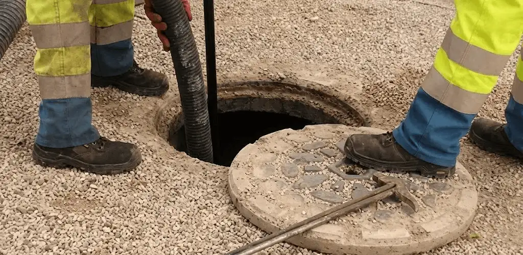 Drain cleaning crew clearing a sewer access point with professional equipment in New Haven, CT
