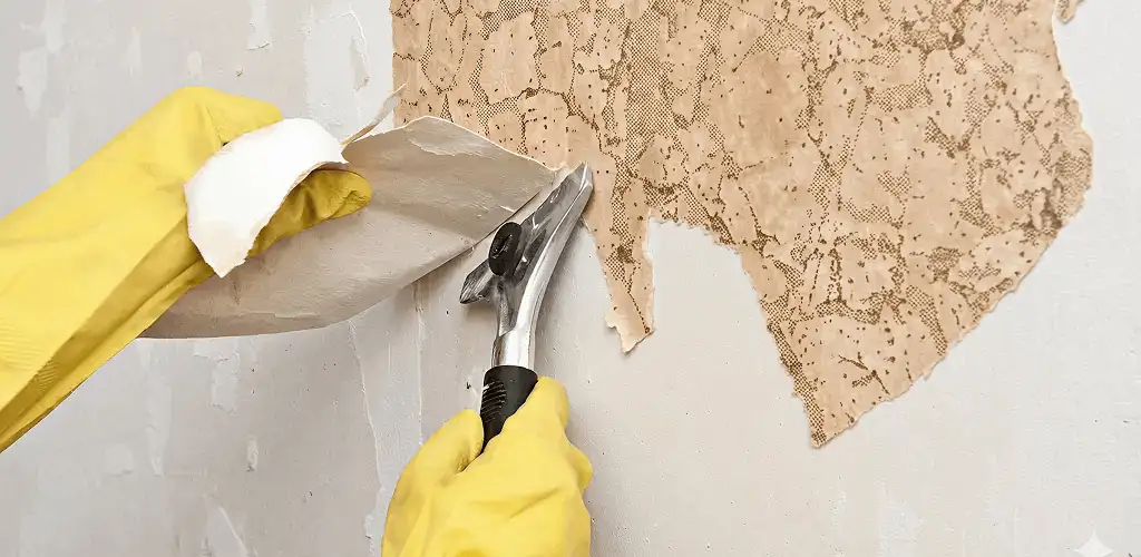 Wallpaper removal service stripping old wallpaper from a wall in New Haven, CT
