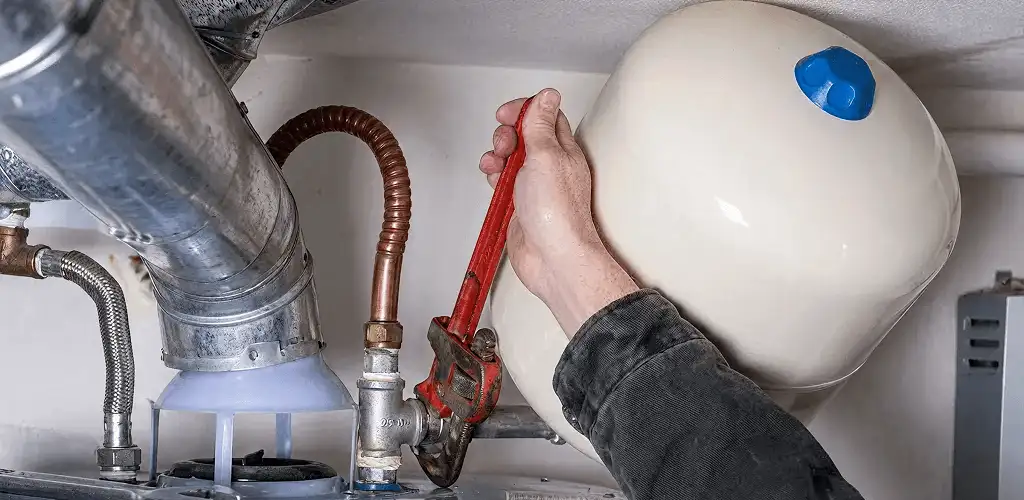Water heater repair technician tightening plumbing connections near a tank unit in New Haven, CT